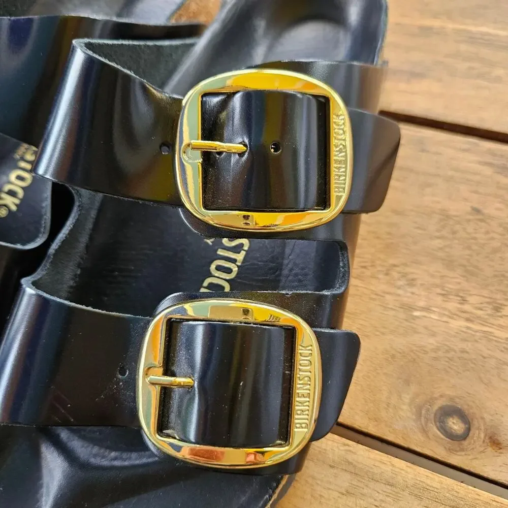 NWOT Birkenstock Arizona Big Buckle Patent Leather Sandals Black Gold EU 38